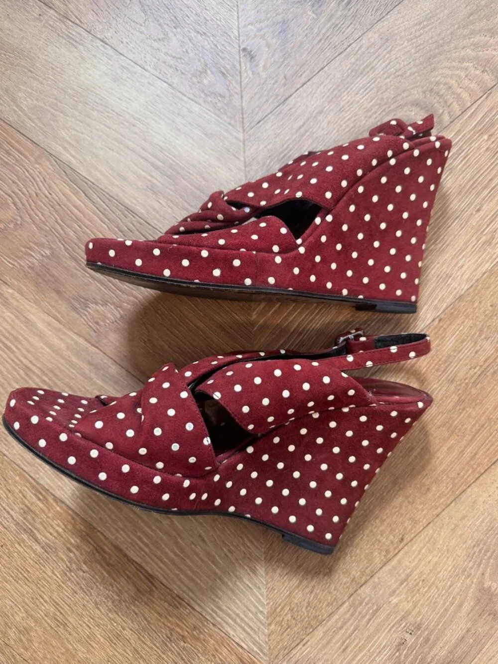Biba Vintage Platform Wedge Sandals Burgundy Polka Dot 37